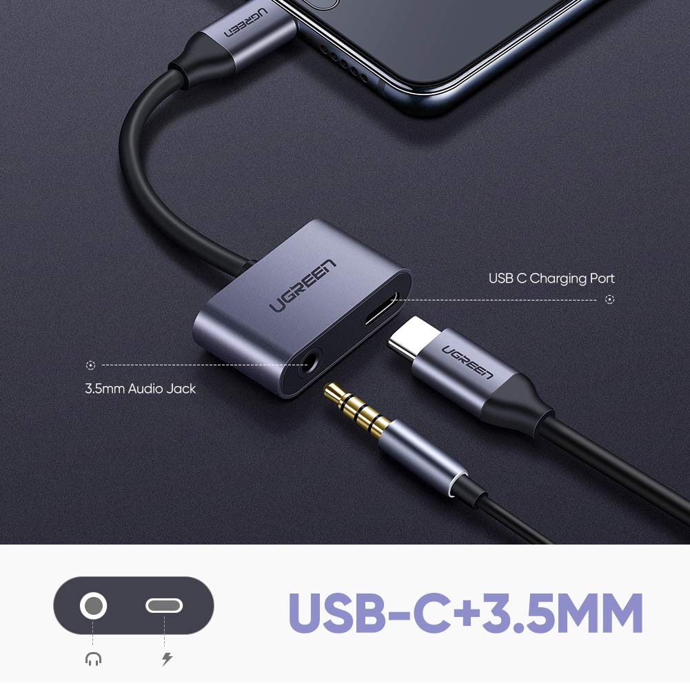 محول UGREEN USB C إلى 3.5 مم 2 في 1 USB C إلى سماعة رأس وشحن محول صوتي ألومنيوم شاحن سريع وسماعات متوافق مع Huawei P30 Pro P20 P20 Pro Mate 20 Pro، OnePlus 8/8pro Xiaomi Mi 9/8
