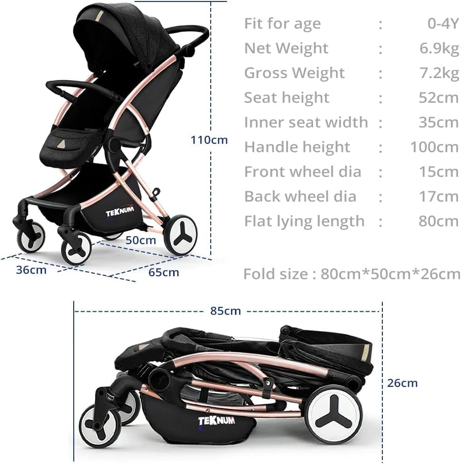 TEKNUM Feather Lite Traveller A1 Lightweight Stroller Air TravelFive Point Safety Harness Removable Cannopy 360 Degree Swivel Wheels  One Touch Brake Newborn Baby 0 -4Years -Black