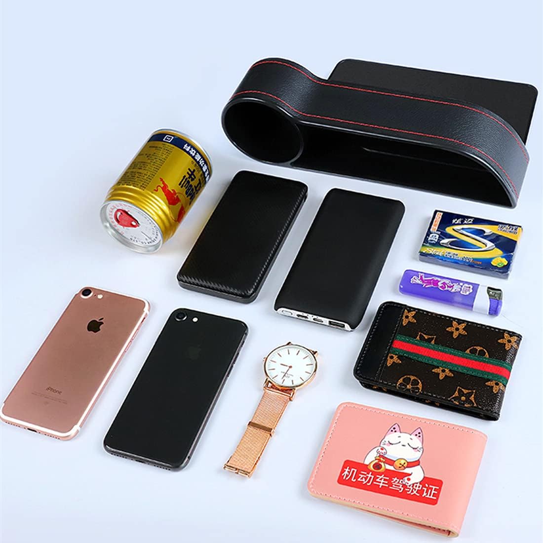 Car seat gap filler organizer between front seat car organizer and storage box, auto premium pu leather console with cup holder, car pocket for interior essentials (for passenger side)