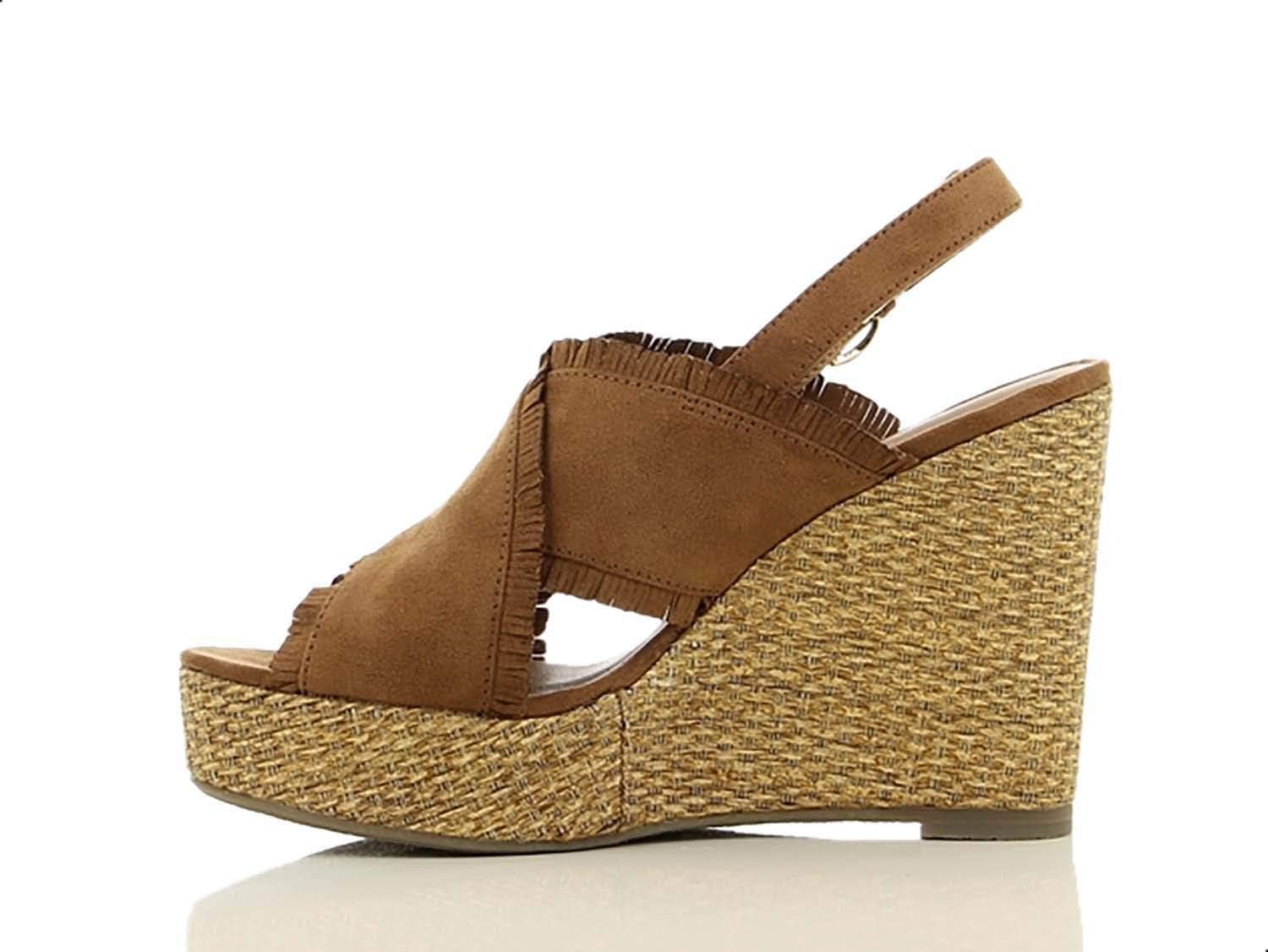 Sprox Criss Cross Strap Raffia Sole Wedge Sandals for Women - Camel