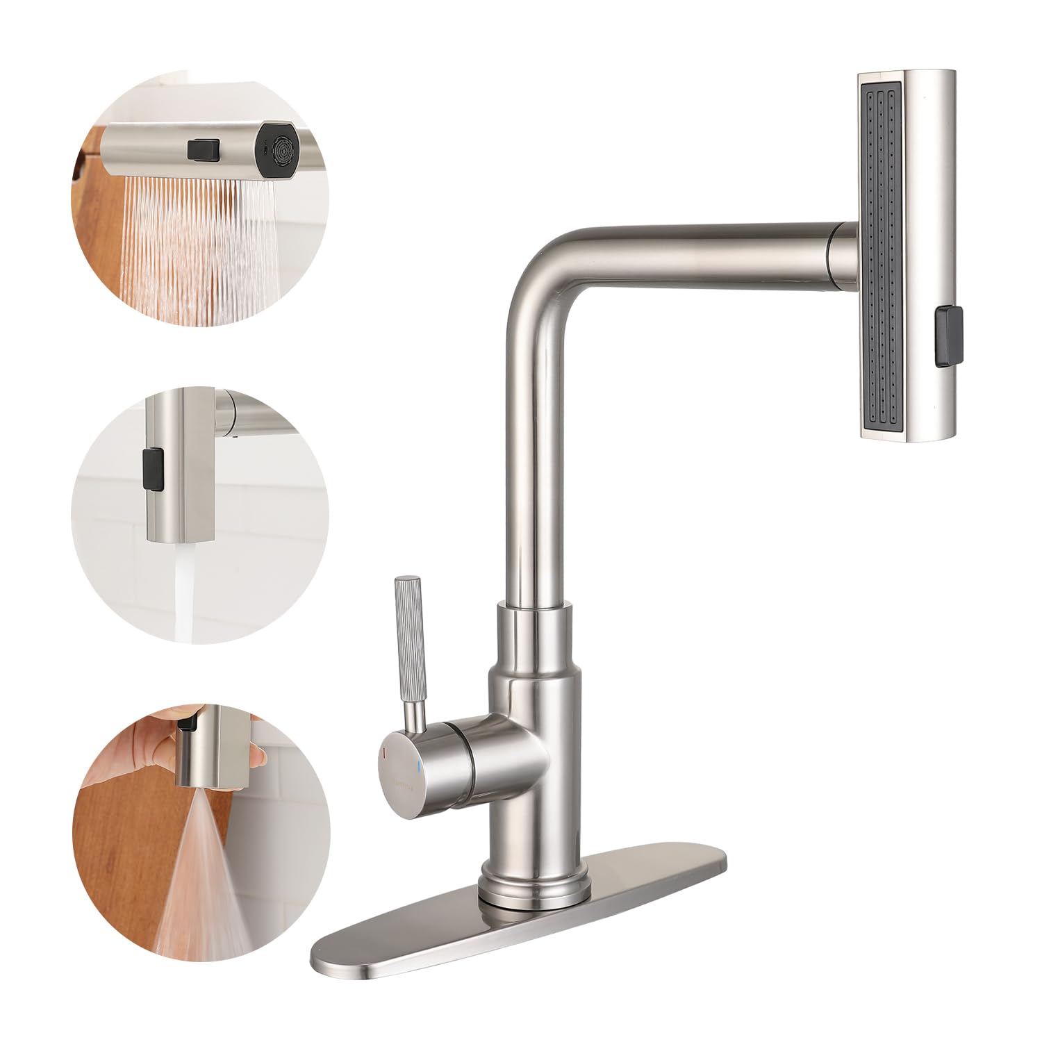Deseegoal Head Switch Kitchen Faucets with Pull Down Sprayer, Three Function Sprayer Single Handle Sink Faucet 1 or 3 Hole Installation, 360°Rotatable Kitchen Sink Faucet