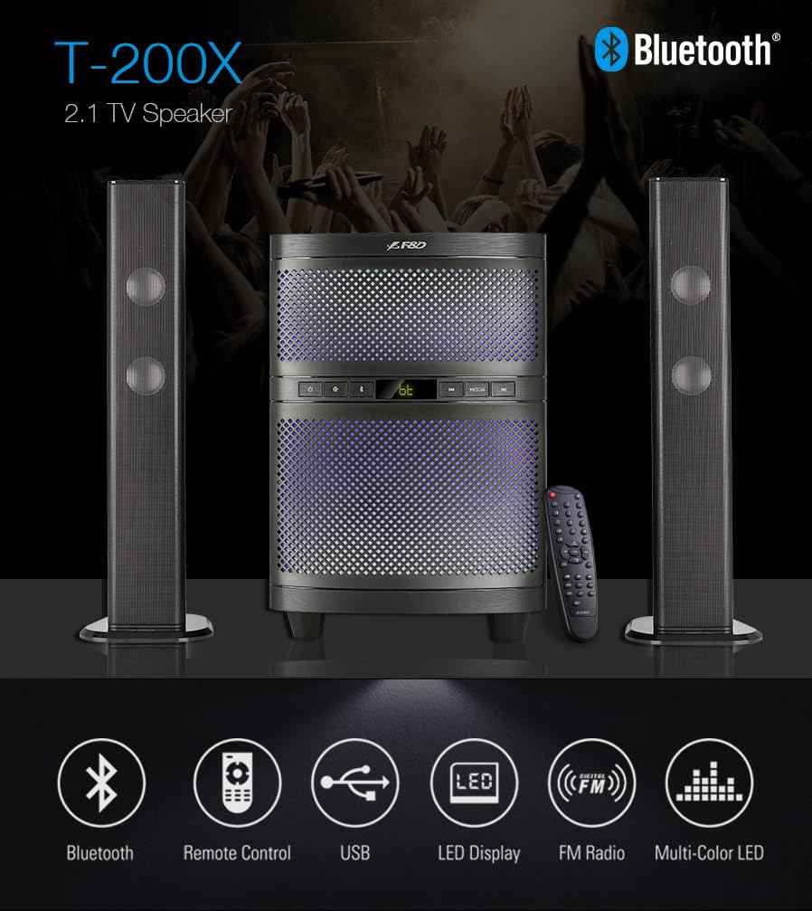 F&D T200X 140 W 2.1 Channel Soundbar Tower Speaker Bluetooth Multimedia TV Speaker with Multicolored LED Themes,USB,AUX,Remote Control, - Safqqa Egypt