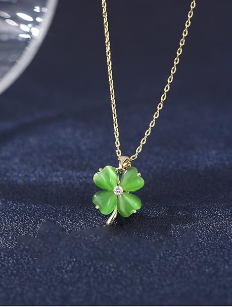 BUBGDYFO Women Four Leaf Clover Necklace Gold Chain Green Opal Pendant – Safqqa Egypt