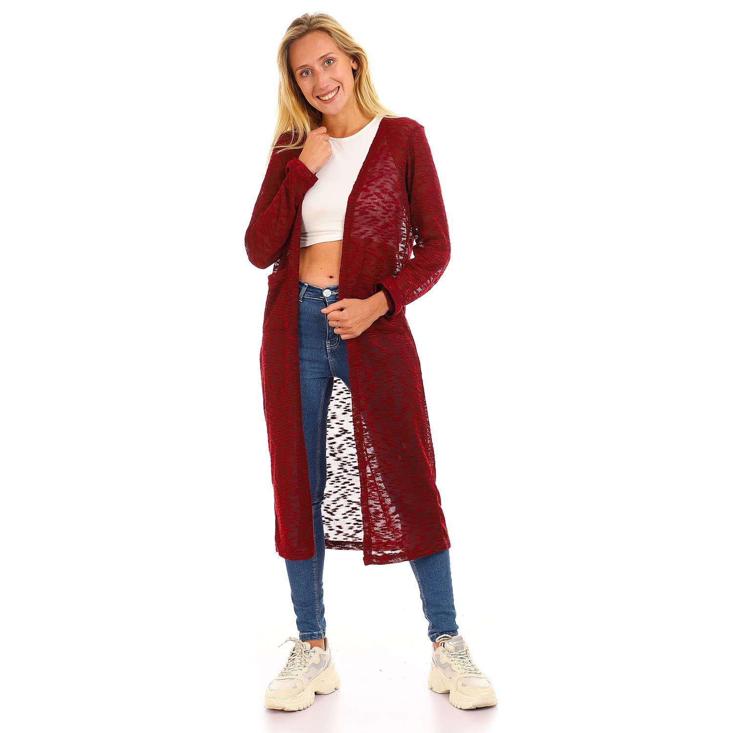 Jamila Women’s Self-Patterned Long Cardigan Sweater with Open Neckline