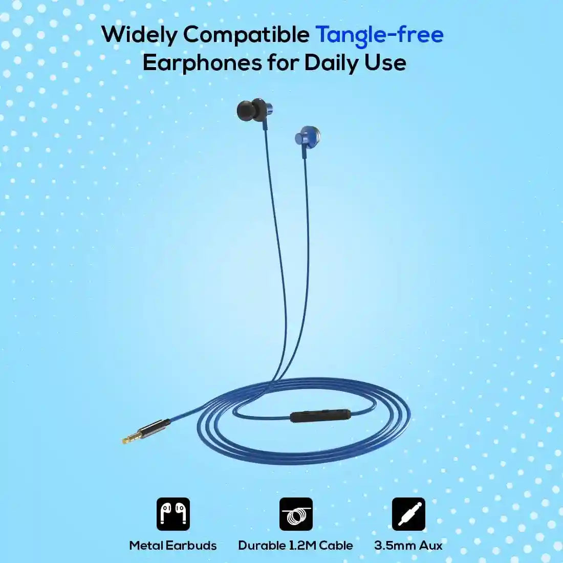 pTron (High Bass Earphones) in Ear Wired Earphones with Mic, 10mm Powerful Driver for Stereo Audio, Noise Cancelling Headset with 1.2m Tangle-Free Cable & 3.5mm Aux - (Blue)