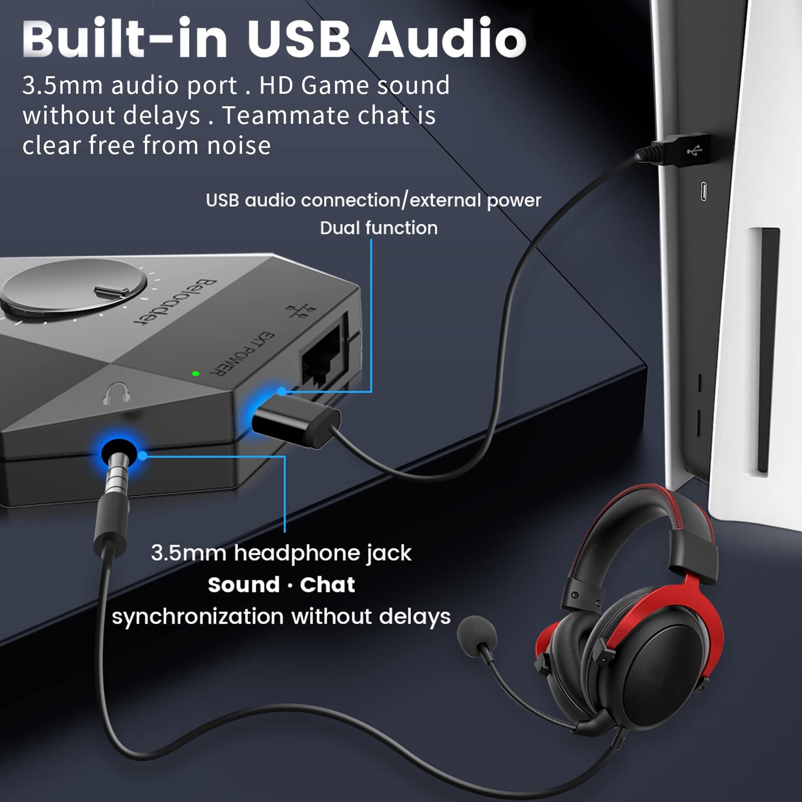 محول Beloader Pro لجهاز PS5 هو ملحق عالي الأداء مصمم لتحسين تجربة اللعب على بلاي ستيشن 5. يتميز بوجود منفذ شبكة ووظيفة تعديل الصوت لضمان اتصال سلس وتحكم كامل أثناء اللعب