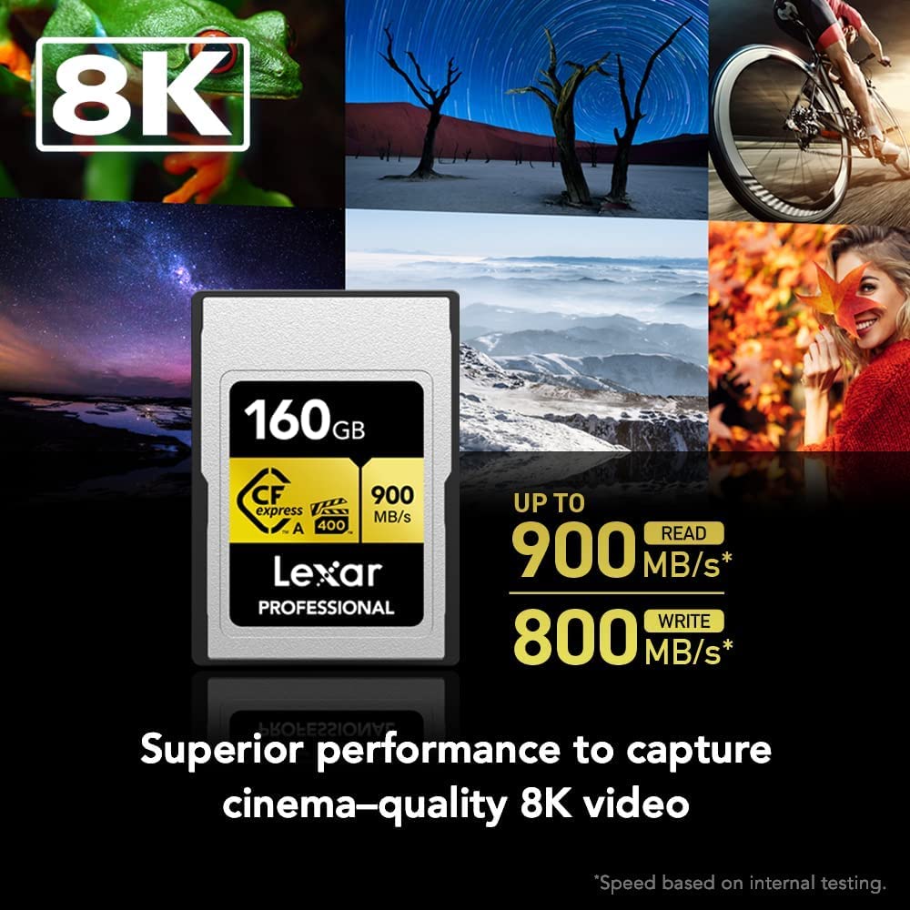 Lexar Professional 160GB CFexpress Type A Gold Series Memory Card, Up to 900MB/s Read, Cinema-Quality 8K Video, Rated VPG 400 (LCAGOLD160G-RNENG)