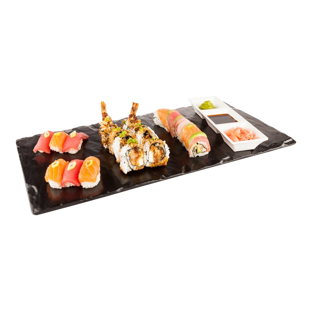 Restaurantware-Voga 10 x 20 Inch Serving Plates, 4 Rectangle Charcuterie Boards - Premium, Mimics The Look Of Slate, Black Melamine Serving Platters, Serve Appetizers Or Desserts, For All Occasions