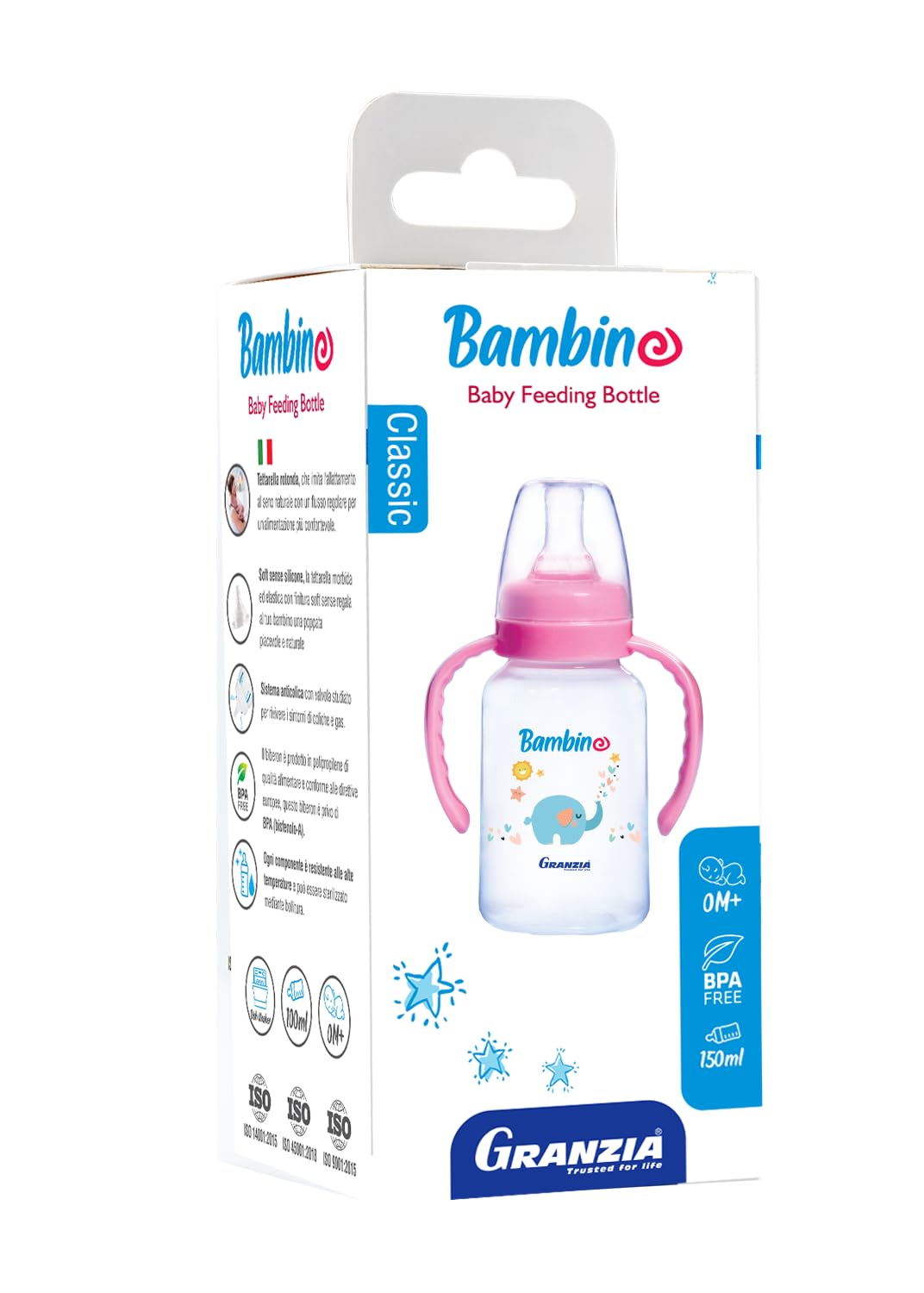 رضّاعة الأطفال Granzia Bambino Classic مع يدين (سعة 150 مل) توفر الراحة والأمان والسهولة أثناء وقت التغذية. مصنوعة من مواد عالية الجودة وخالية من مادة الـBPA لضمان صحة الطفل ونظافة التغذية