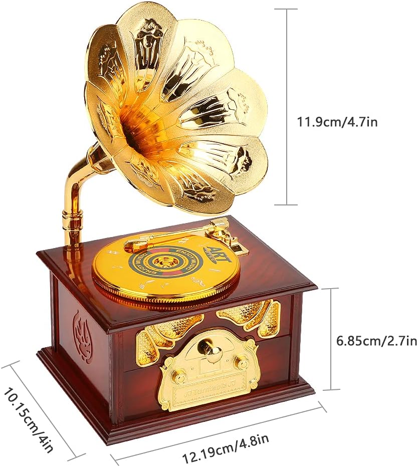 Mystery Vintage Gramophone Music Box, Mechanical Musical Jewelry Box for Girls Women Mom, Retro Table Cafe Bar Home Decor, Birthday Mothers Day Gifts for Mom