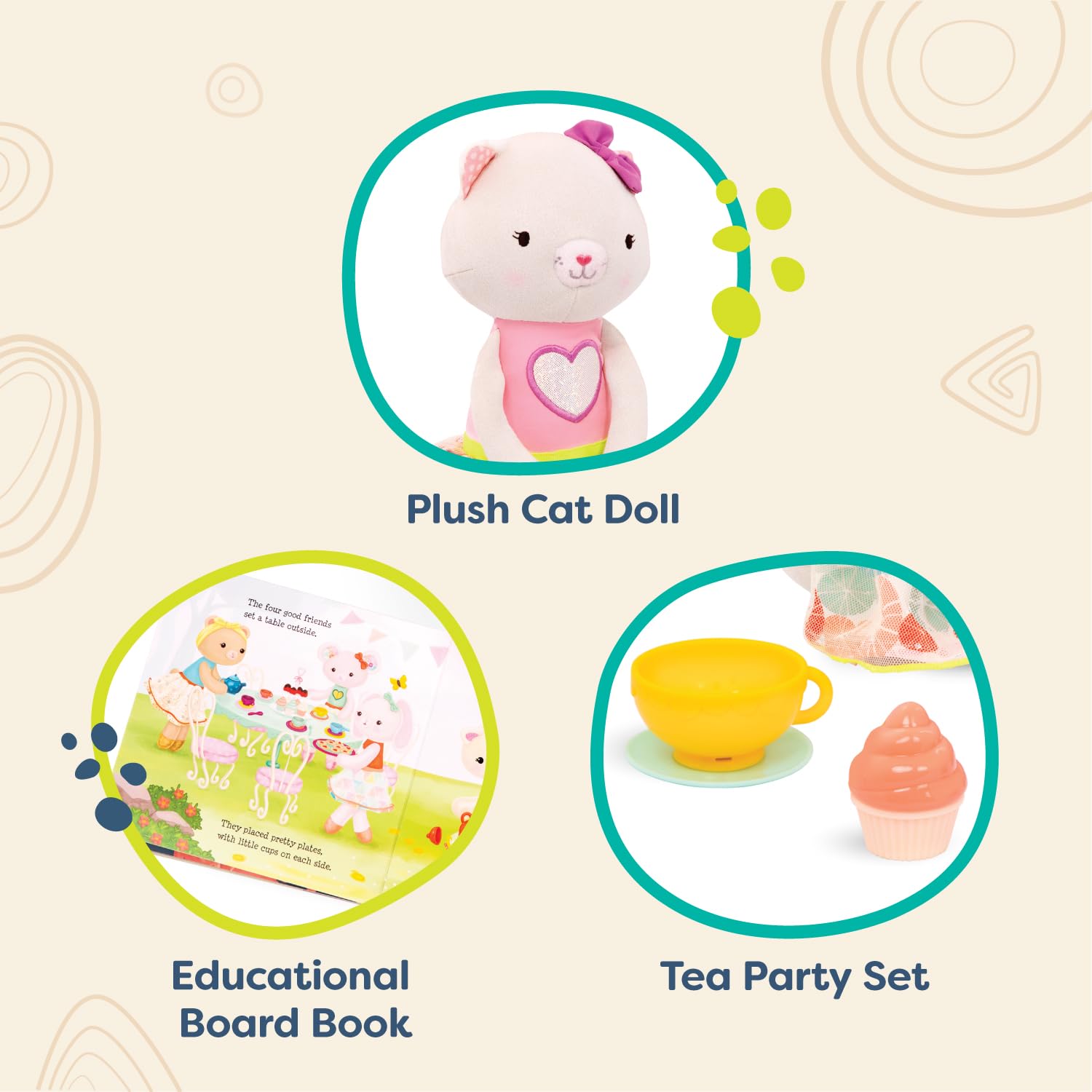 لعبة قطيفة B. toys مع كتاب ولوحة شاي – Tippy Toes Cali Cat