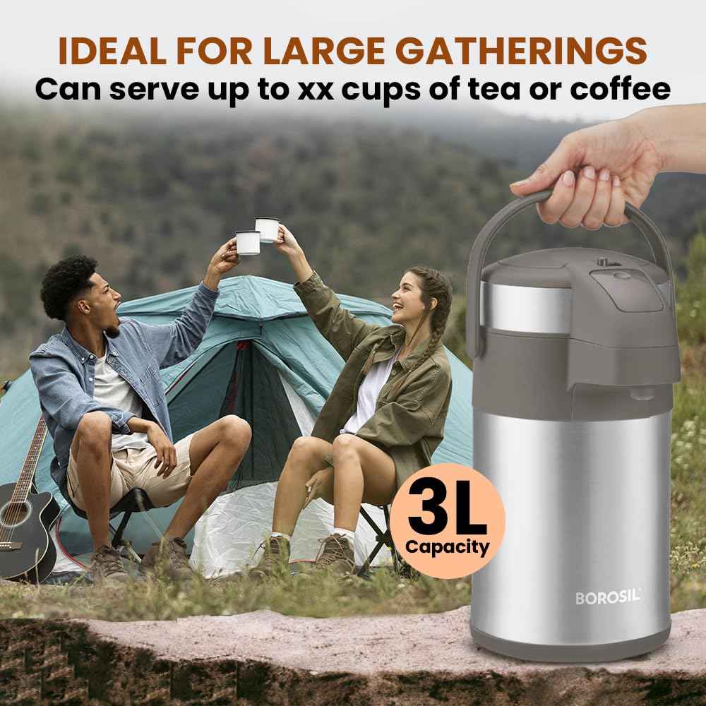 BOROSIL AIRPOT FLASK WITH PUMP |VACUUM INSULATED DOUBLE WALL STAINLESS STEEL TEA POT | COFFEE POT | THERMOS | FLASK | CARAFE 3 LITER - Safqqa Egypt