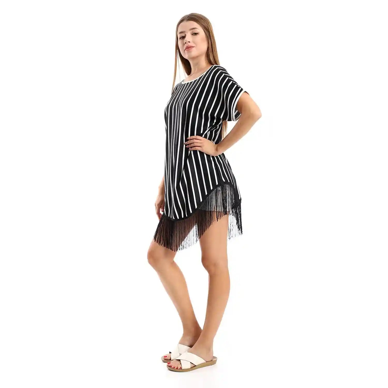 Jamila Women Blouses Deep Open Back Striped Tunic With Decorated Fringes - Safqqa Egypt