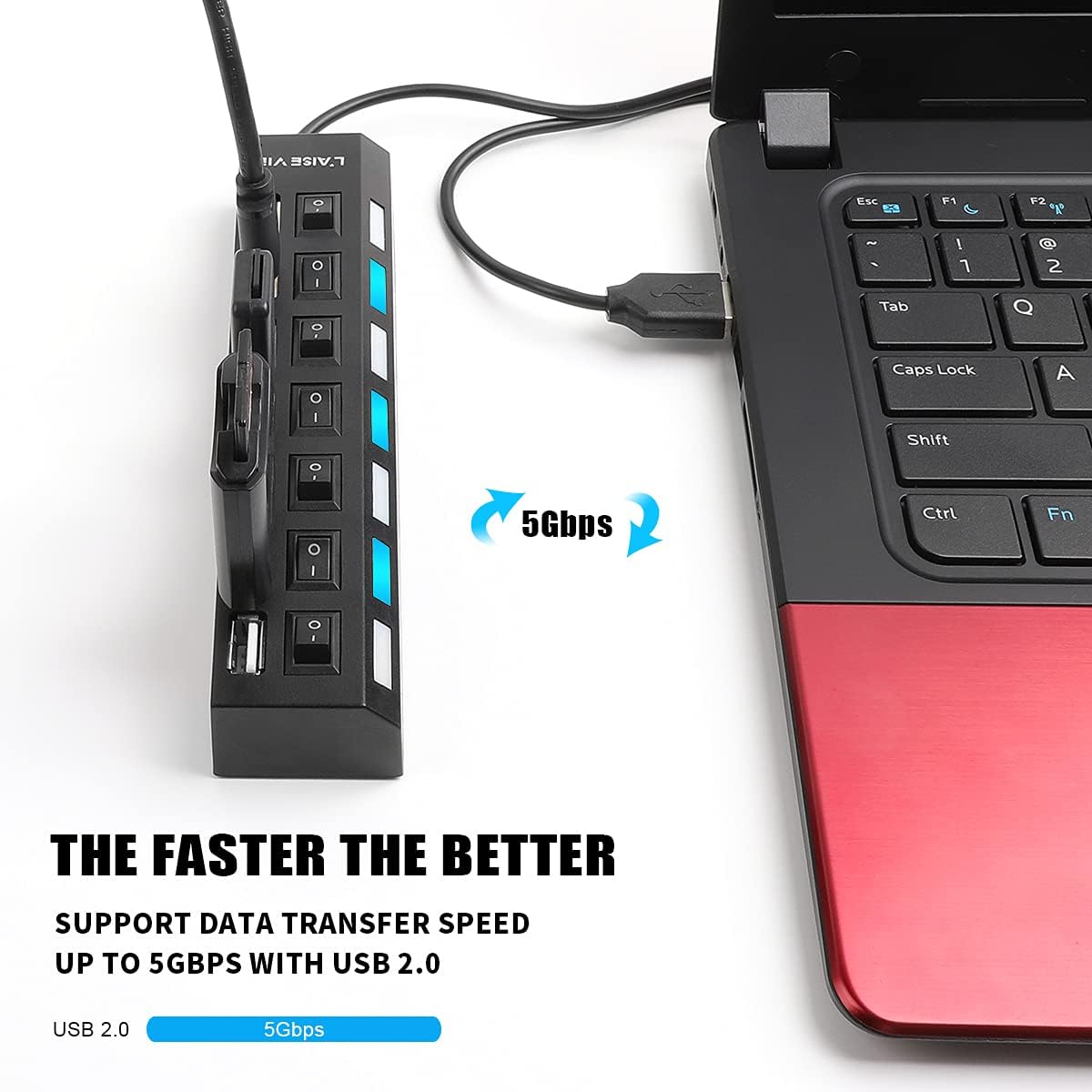 Multi Port USB Splitter, 7 Port USB 2.0 Hub, USB A Port Data Hub with Independent On/Off Switch and LED Indicators, Lights for Laptop, PC, Computer, Mobile HDD, Flash Drive and More (Black 2.0) - Safqqa Egypt