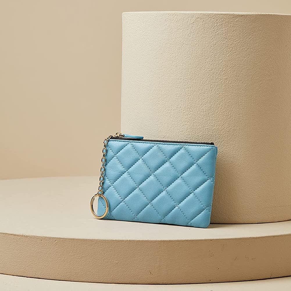 Premium Full-Grain Leather Mini Coin Purse & Keychain – Quilted RFID Wallet with Top Zipper for Men & Women