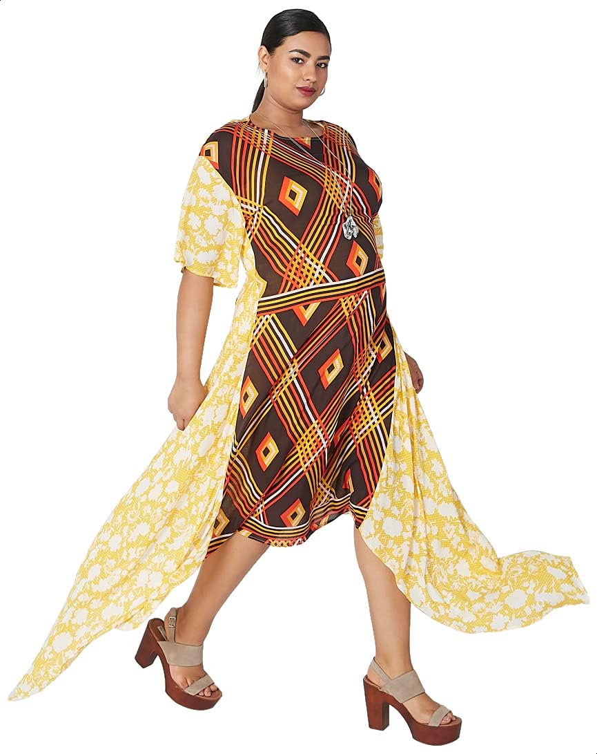 Splash Patterned Asymmetrical Hem Short Sleeves Round Neck Dress for Women,Versatile for casual, party, or semi-formal wear.