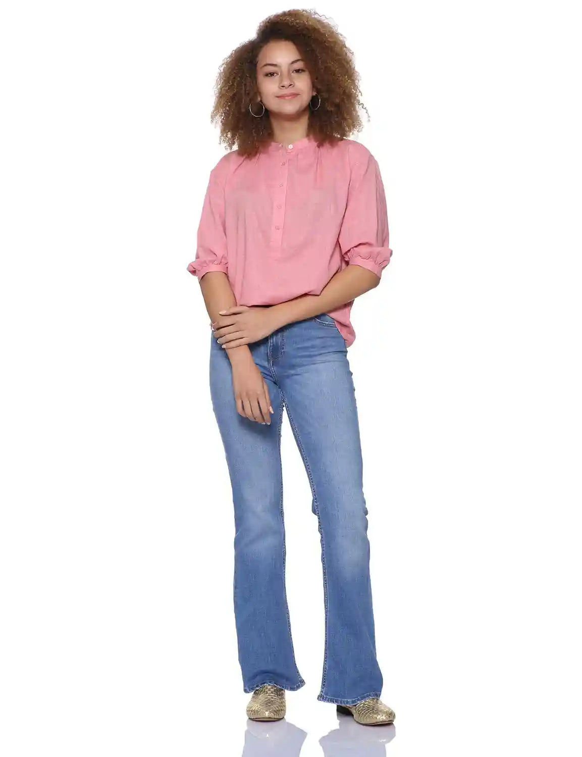 Splash Basic Mandarin Collar Front Button Three Quarter Sleeves Blouses for Women - Safqqa Egypt