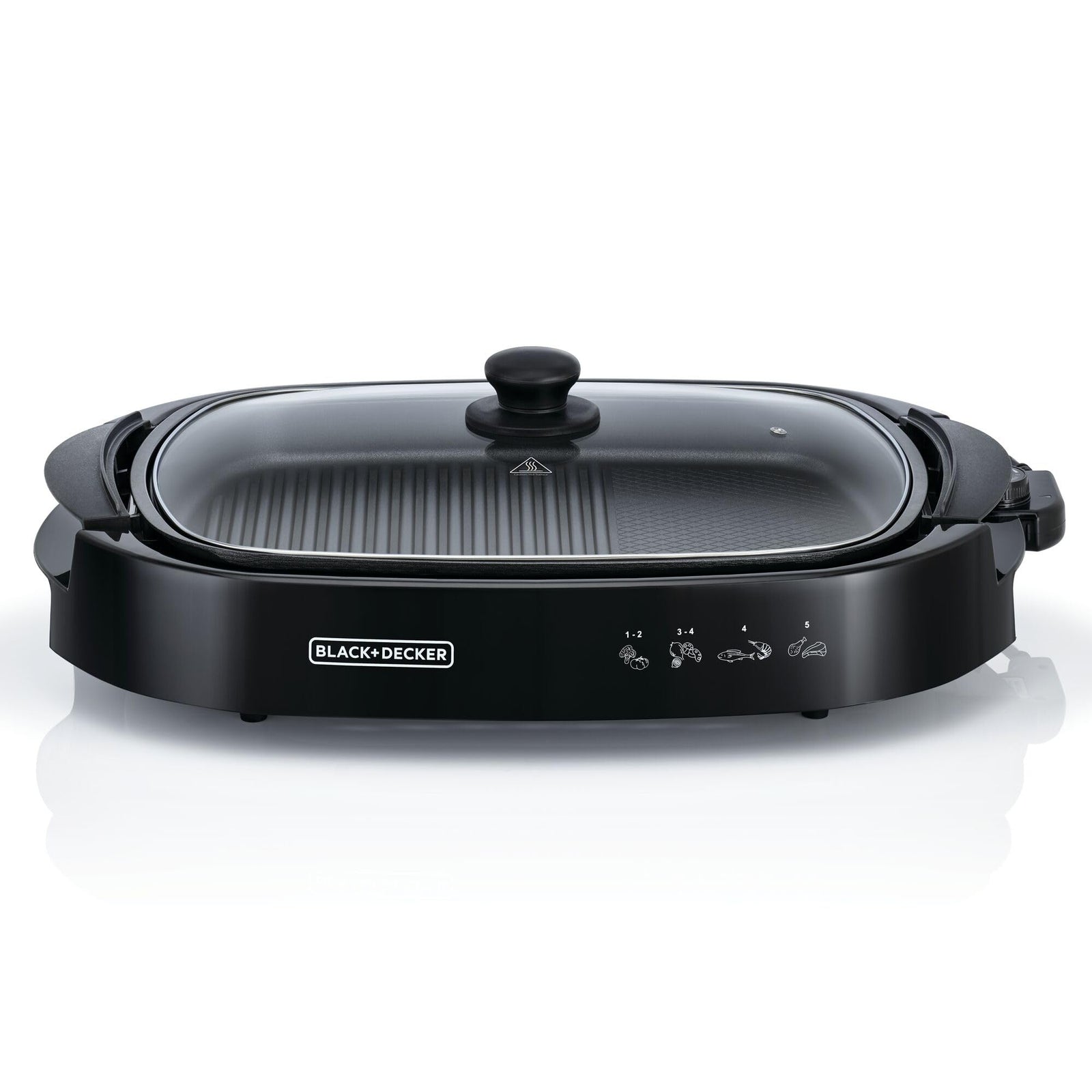 BLACK+DECKER Electric Health Grill, 1500W, Family-Sized Non-Stick Griddle with Glass Lid, 5-Level Temperature Control, Cool-Touch Handles, Efficient Fat Draining, Dishwasher Safe, Black - GH1500-B5-Have Scratches
