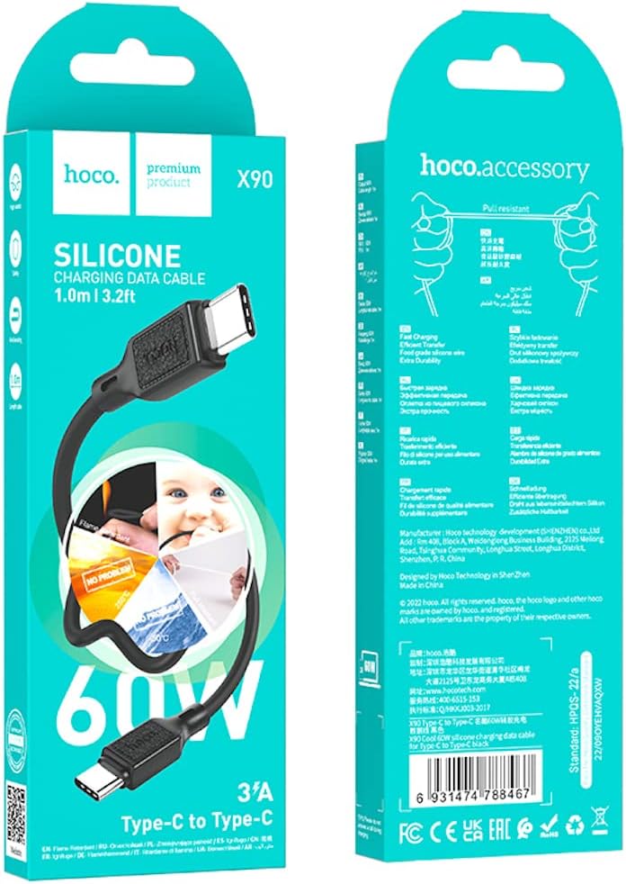 Hoco X90 - Cool Silicone Fast Charging And Data Transmittion Cable (60W - 20V- 3A - 1M), USB-C To USB-C Plug, Compatible With Samsung Huawei Xiaomi Oppo - Black - Safqqa Egypt