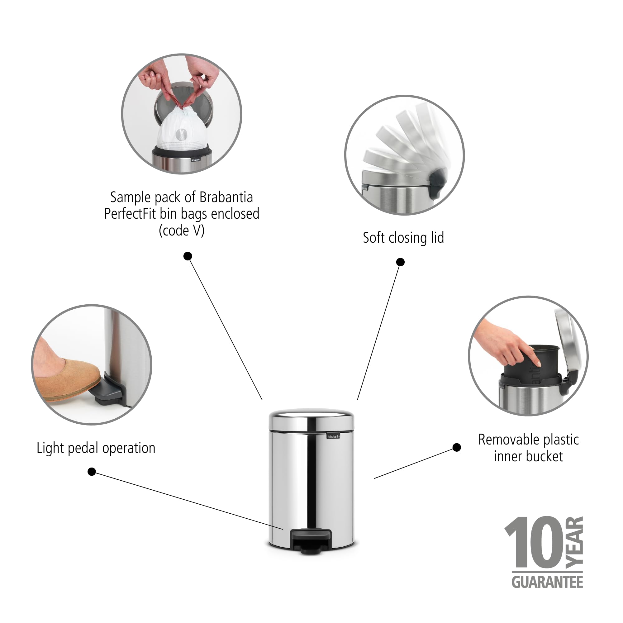 Brabantia Pedal Bin Newicon with plastic inner Bucket, Brilliant Steel - 3 L