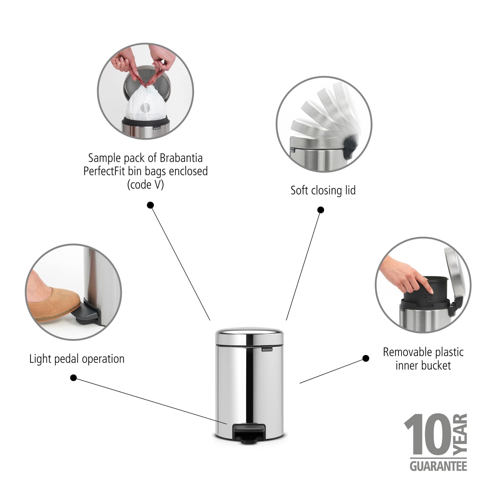 Brabantia Pedal Bin Newicon with plastic inner Bucket, Brilliant Steel - 3 L