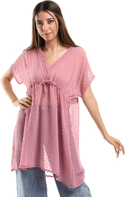 JAMILA Women Self Stitches Sheer Short Sleeves Blouse Shirt
