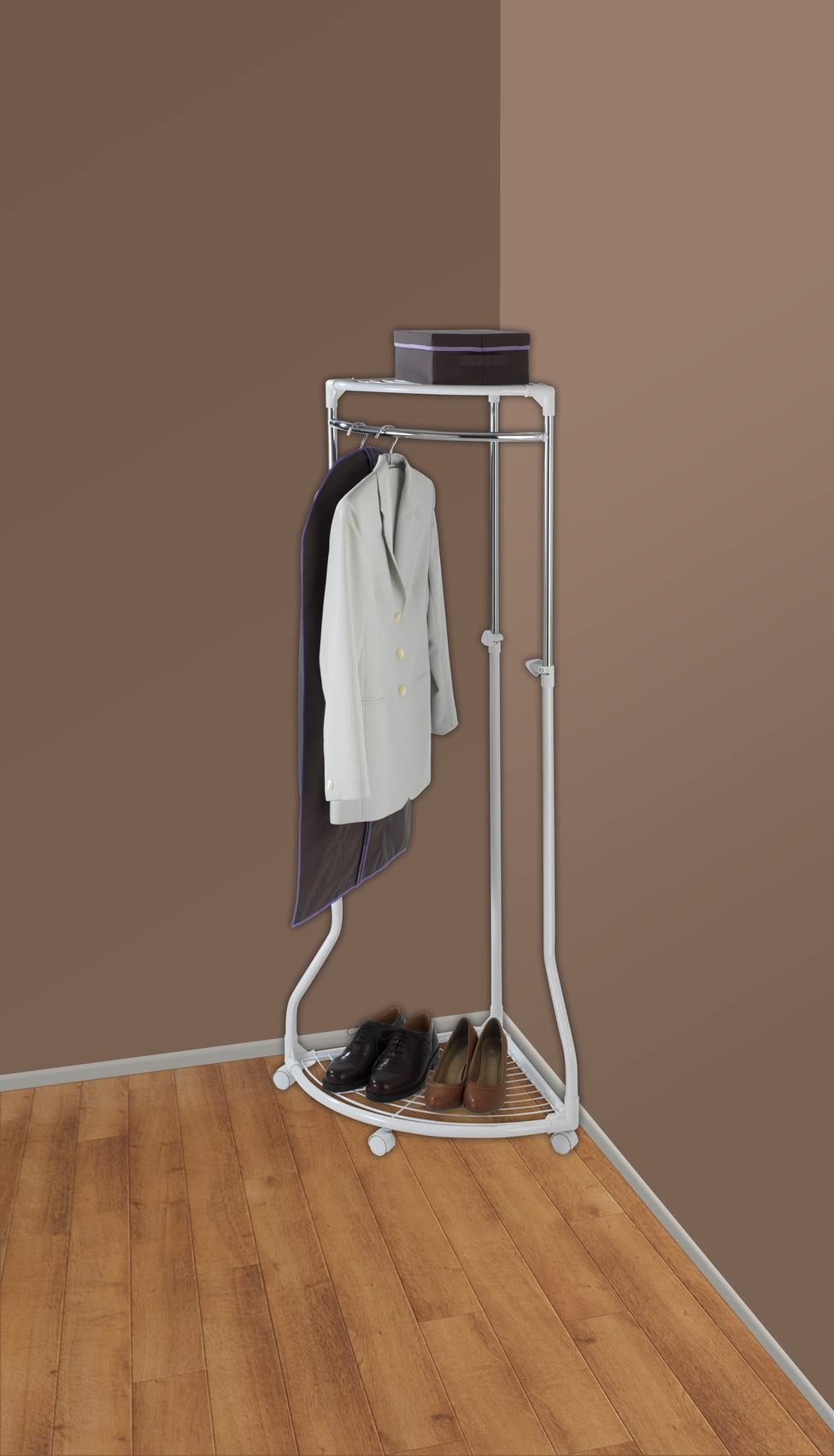 WENKO Coat Rack Freestanding, Clothes Hanger Stand for Entryway, Coat Rack with Shoe Storage, Adjustable Corner Coat Rack, White/Chrome, Holds up to 110lbs, 27.6 x 44-65.4 x 21.7 in