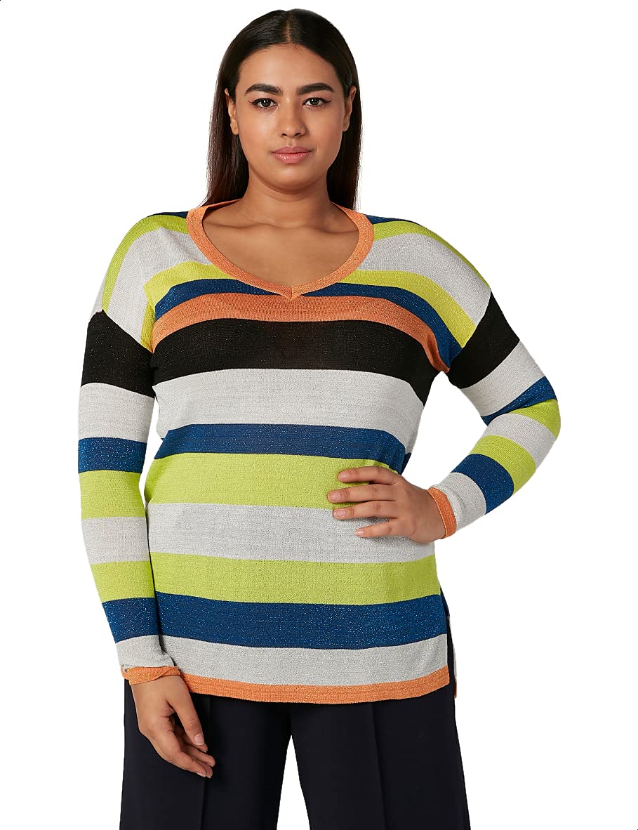 Splash Striped Side Slits Long Sleeves V Neck Top for Women