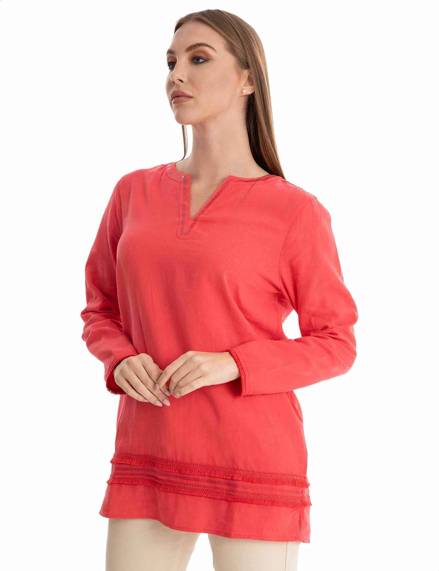 Dalydress Cotton V-Neck Long Sleeves Fringe Detail Blouse for Women - Safqqa Egypt