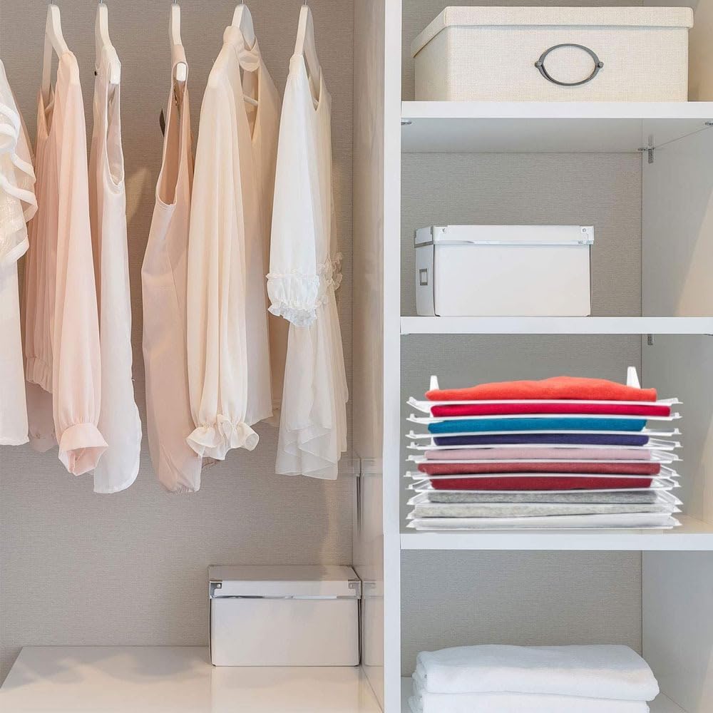 Goldedge T-Shirt Organizer Set for 10 Shirts, Space-Saving Stackable Folding System for Wardrobe & Suitcase Organization (10x1 Set)