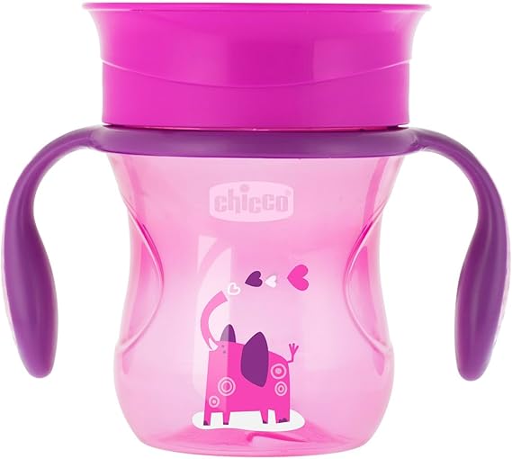 chicco Perfect First Baby Learning Cup 200 ml, Drinking Bottle 12+ Months Learn to Drink Leak-Proof Drinking Cup with 360° Silicone Valve and Removable Handles, BPA-Free - Pink