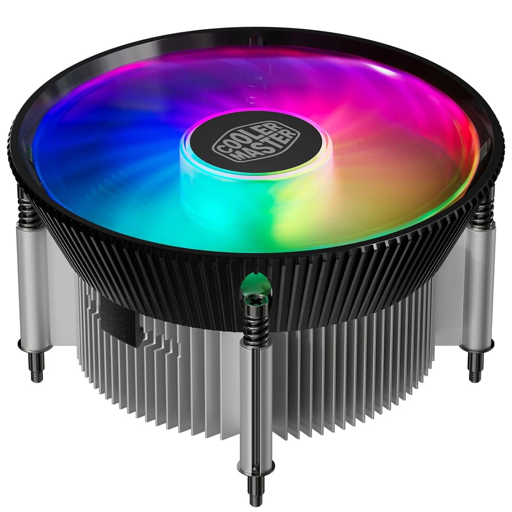 مبرد معالج كولر ماستر i70C لمنفذ LGA 1700 مع إضاءة ARGB، لون أسود، أبعاد 12 × 12 × 7 سم، جهد 12 فولت، قدرة 1.44 واط، سرعة دوران 1800 دورة في الدقيقة، تدفق هواء 37.08 قدم مكعب/دقيقة، صوت 28 ديسيبل