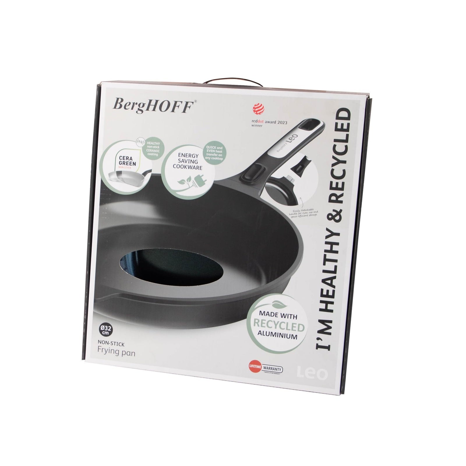 Leo Phantom Ceramic Non-Stick Frying Pan 31.75 cm with Detachable Handle, Recycled Cast Aluminum and Non-Toxic Cera Green Coating by BergHOFF