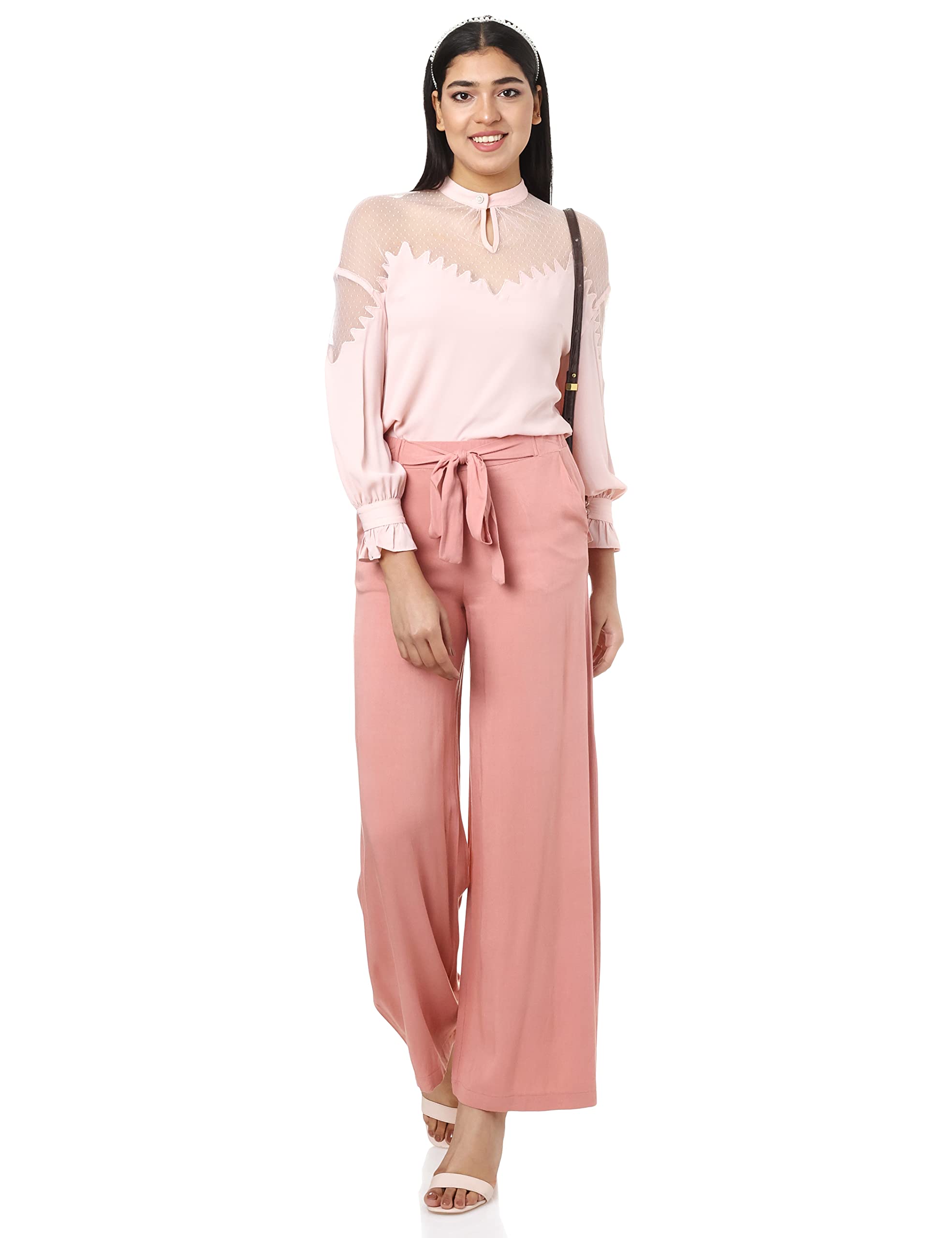 Elle Buttoned Neck Sheer Basic Blouse for Women