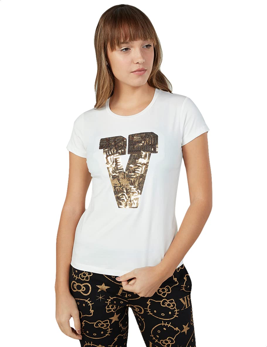 Sequin Detail Round Neck Short Sleeves T-Shirt For Women,Soft, breathable fabric for all-day comfort.