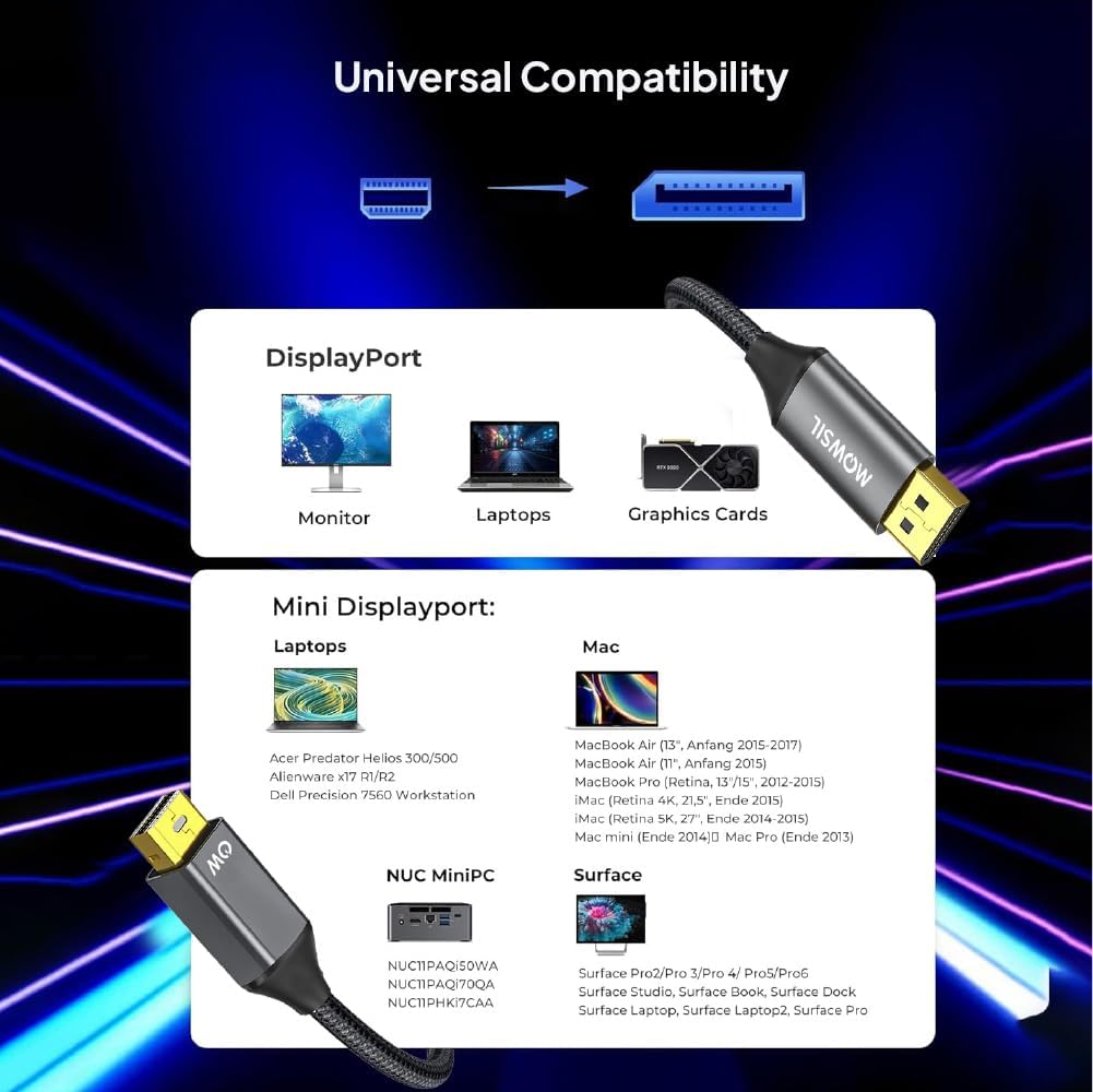 Mowsil 4K Mini DisplayPort to DisplayPort Cable 2M – Bi-Directional Gold Plated