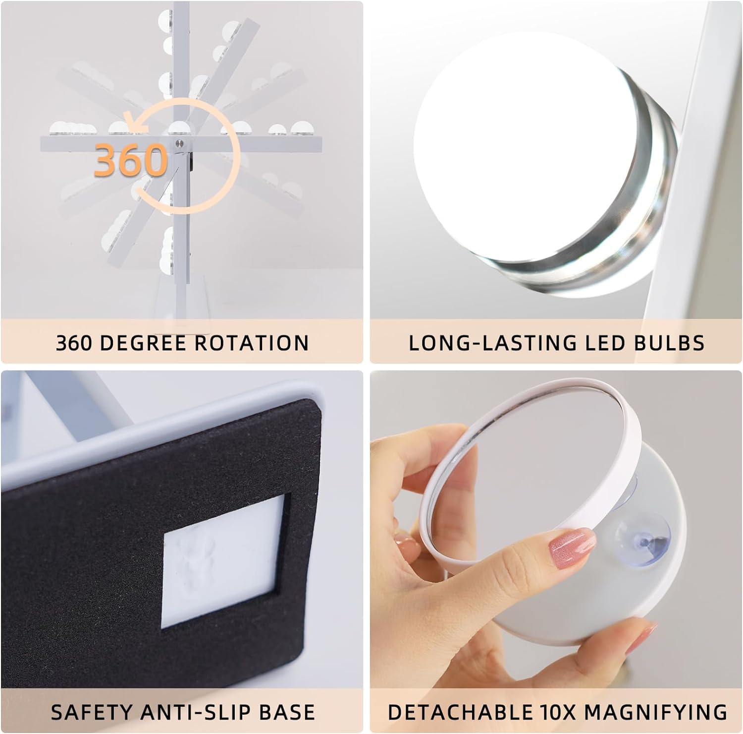 مرآة المكياج المضيئة فينشيلين تضيف لمسة من أناقة مرايا هوليوود إلى منزلك. تتميز بتحكم ذكي باللمس وثلاثة ألوان إضاءة قابلة للتعديل (دافئة، طبيعية، وباردة) لتمنحك الإضاءة المثالية للمكياج أو العناية بالبشرة.