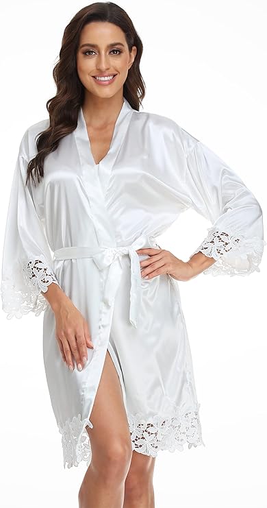 UrHot Women Satin Robe White One Size Soft Sleepwear