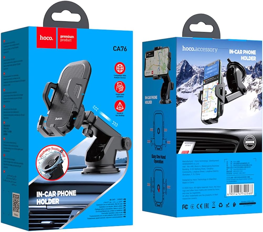 حامل Hoco CA76 Touareg للسيارة، عملي وآمن لتثبيت الهواتف الذكية داخل السيارة. متوافق مع أجهزة iPhone، Samsung، Xiaomi، Oppo، وHuawei، ويسمح بالتحكم بيد واحدة بسهولة أثناء القيادة.