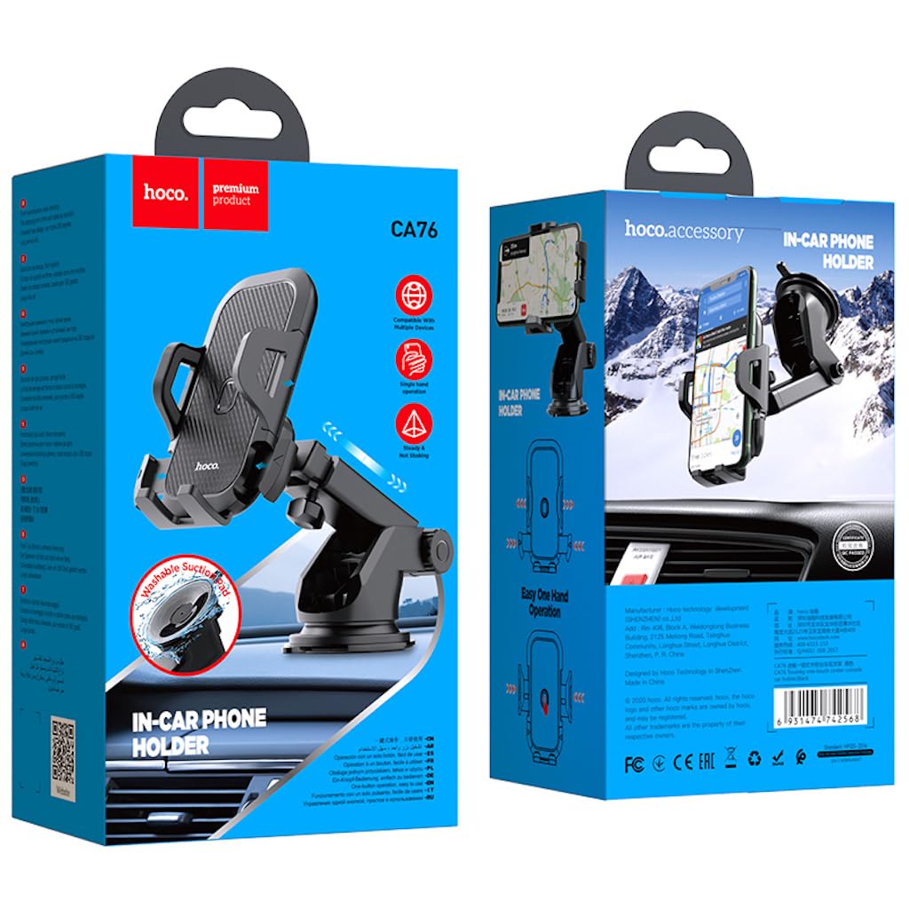 حامل Hoco CA76 Touareg للسيارة، عملي وآمن لتثبيت الهواتف الذكية داخل السيارة. متوافق مع أجهزة iPhone، Samsung، Xiaomi، Oppo، وHuawei، ويسمح بالتحكم بيد واحدة بسهولة أثناء القيادة. – Safqqa Egypt