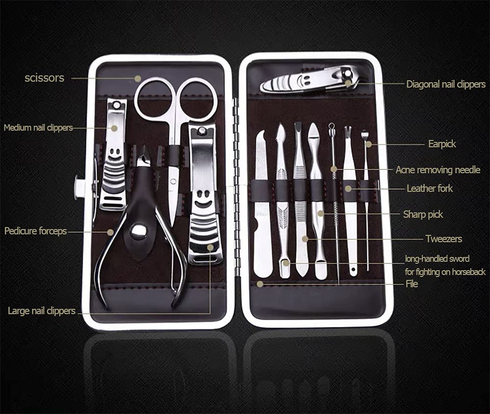 طقم مقص أظافر احترافي من الفولاذ المقاوم للصدأ للسفر والعناية أدوات مانيكير وباديكير مجموعة 12 قطعة مع حقيبة فاخرة