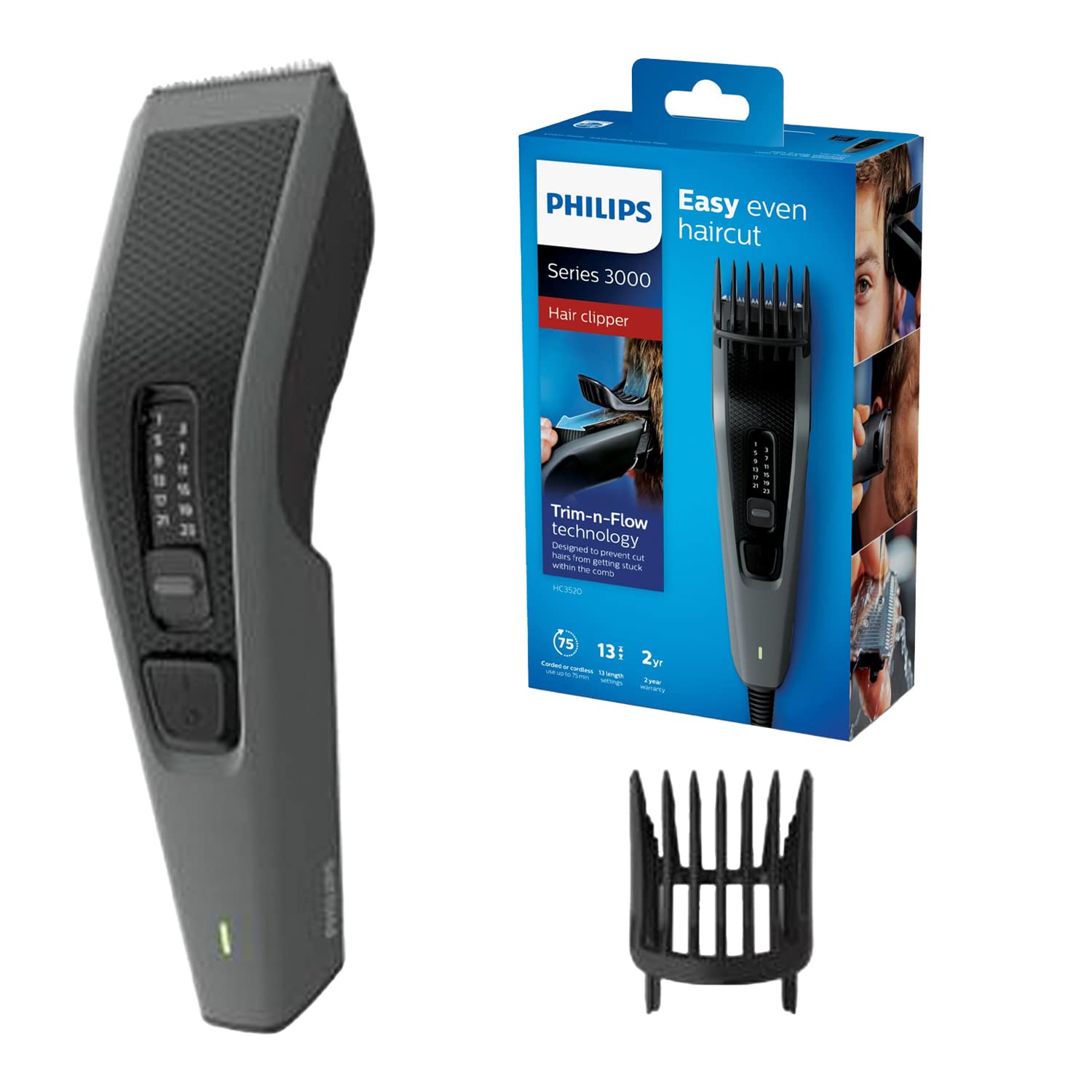 Philips Series 3000 Hair Clipper Stainless Steel Blades, 75 Mins Cordless Use/8h Charge, 13 Length Settings – International Warranty – HC3520/15