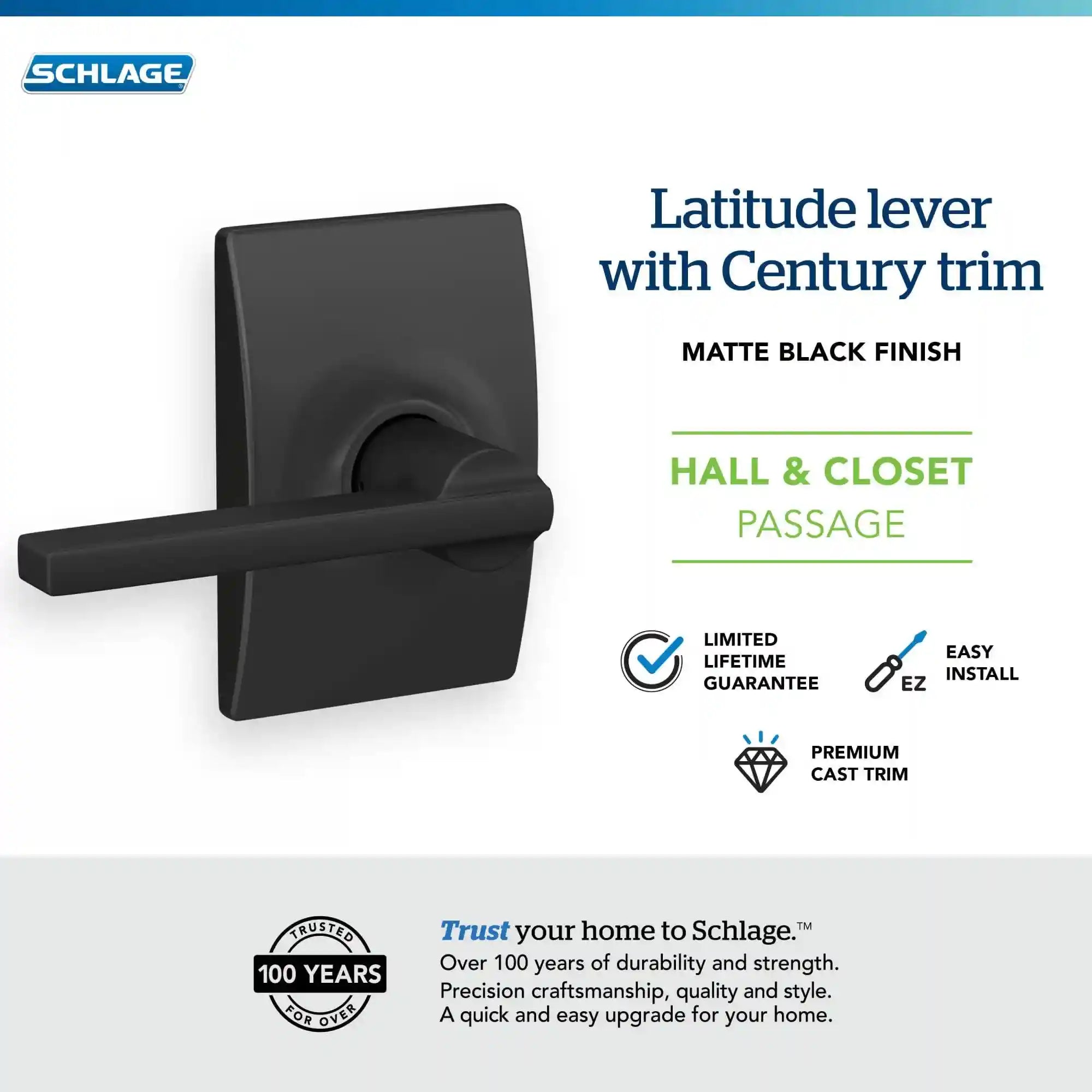 Schlage F10 Lat 622 Cen Century Collection Latitude Passage Lock Lever, Matte Black – Safqqa Egypt