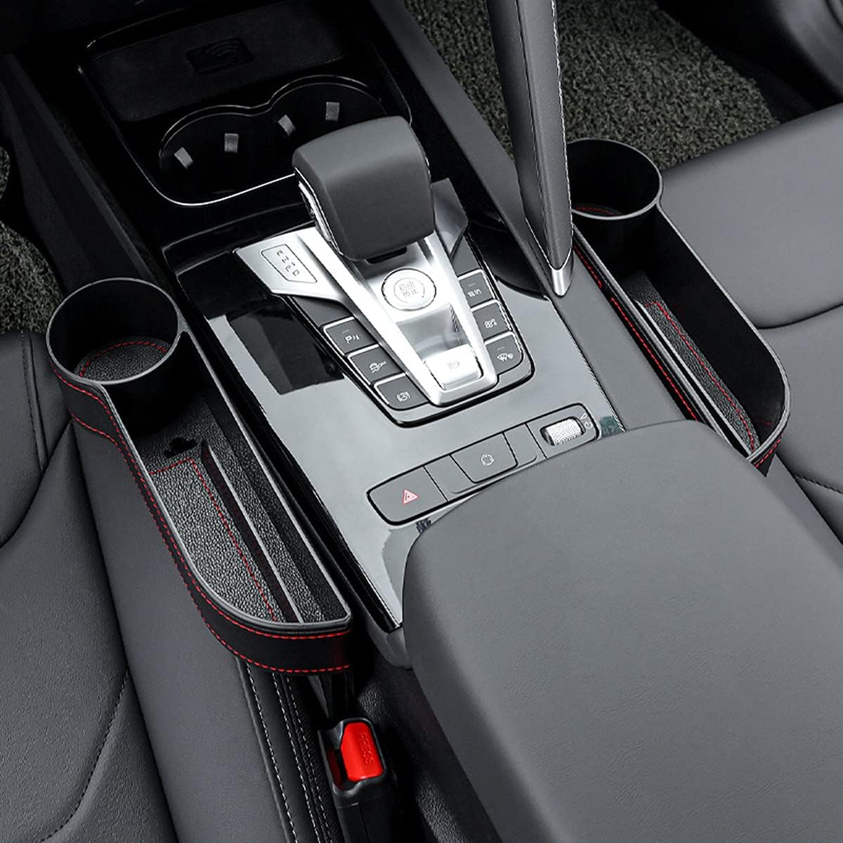 Car seat gap filler organizer between front seat car organizer and storage box, auto premium pu leather console with cup holder, car pocket for interior essentials (for passenger side)