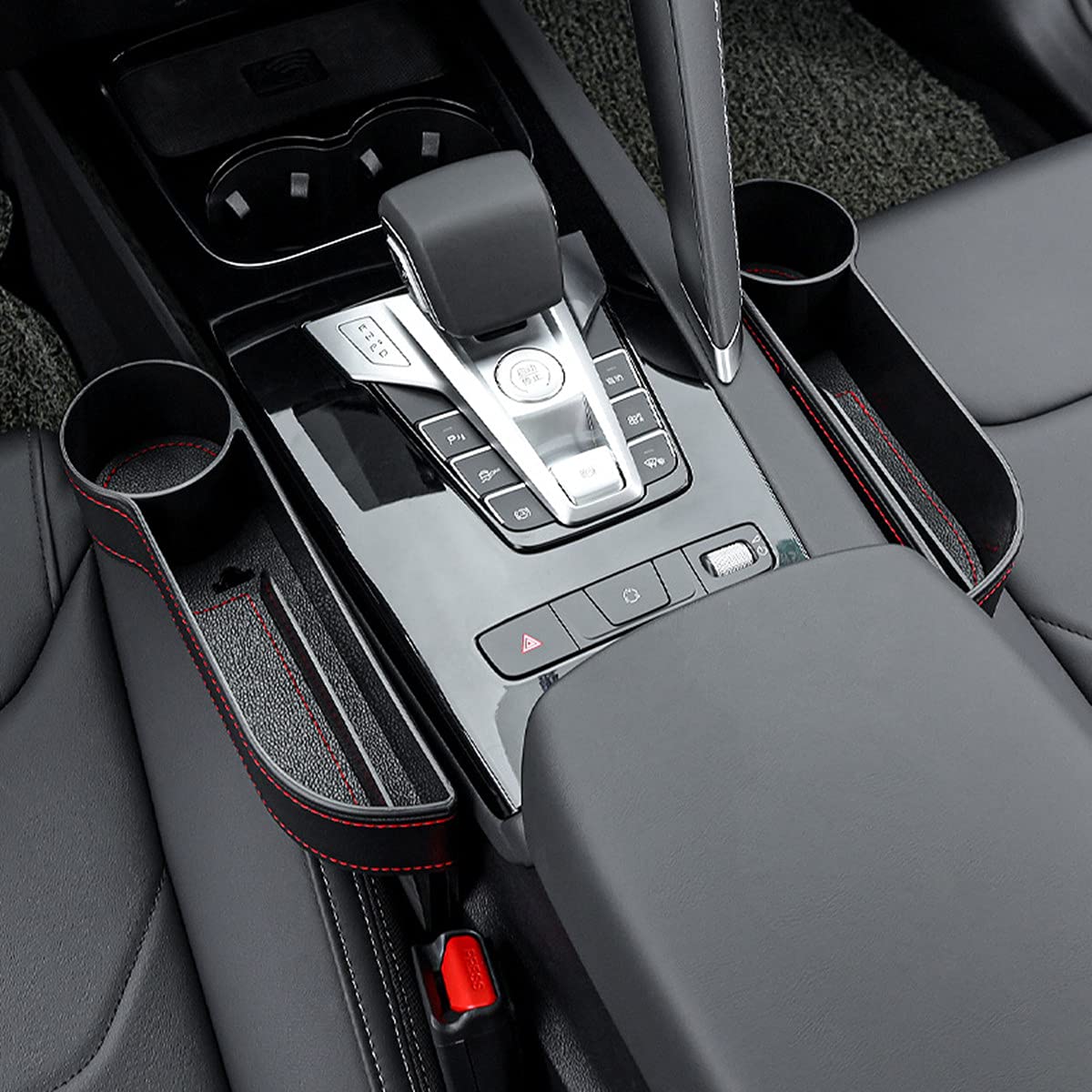 Car seat gap filler organizer between front seat car organizer and storage box, auto premium pu leather console with cup holder, car pocket for interior essentials (for passenger side)