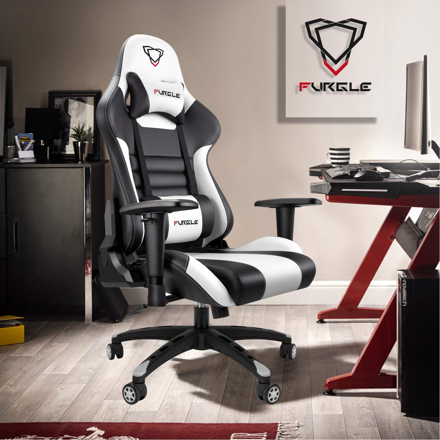 Furgle Gaming Chair Racing Style High-Back Office Chair w/PU Leather and Adjustable Armrests Executive Ergonomic Swivel Video Game Chairs with Rocking Mode & Headrest and Lumbar Support - Safqqa Egypt