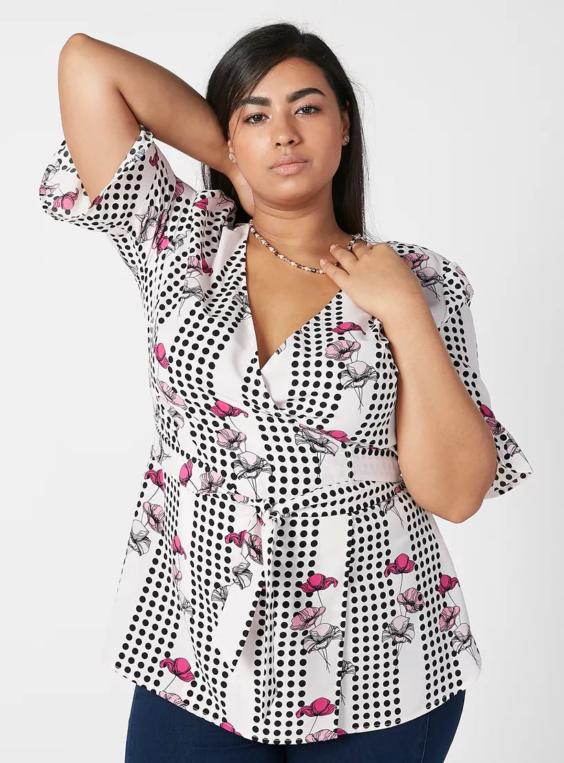 Printed Wrap Top with V-neck and Flounce Sleeves