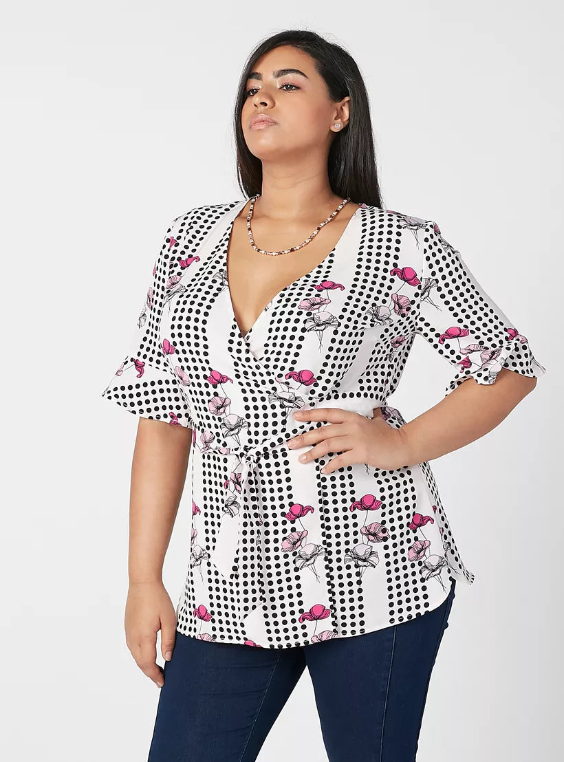 Printed Wrap Top with V-neck and Flounce Sleeves