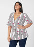 Printed Wrap Top with V-neck and Flounce Sleeves