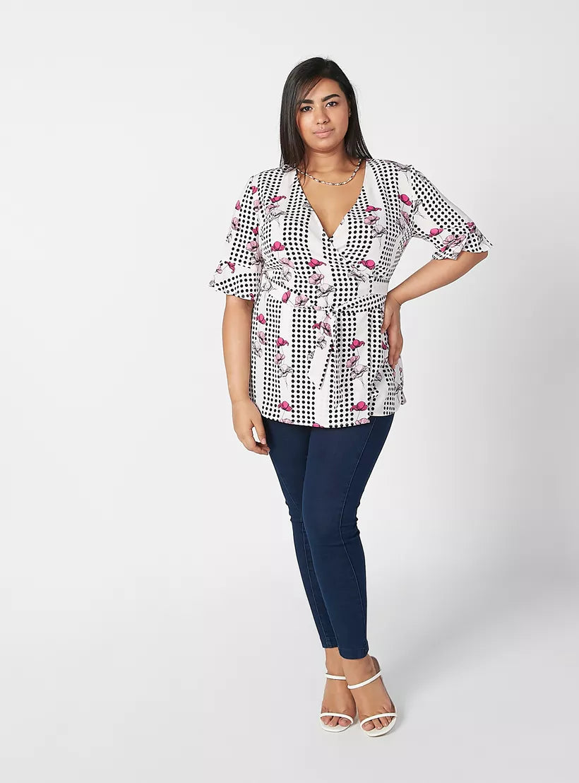 Printed Wrap Top with V-neck and Flounce Sleeves